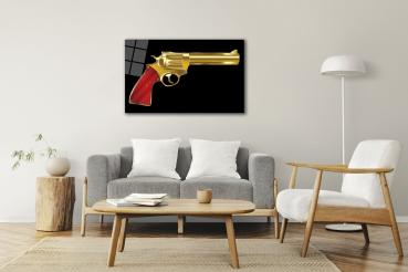 Goldener Revolver Art Design rechteckiges spezial Glasbild!