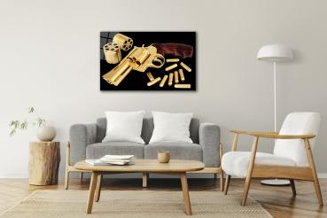 Goldener Revolver Art Design rechteckiges spezial Glasbild!