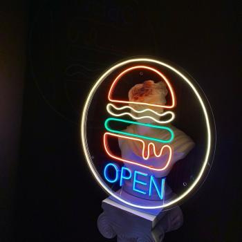 Hamburger Open Neon Led Werbeleuchte für ihr Restaurant, Fastfoodladen!
